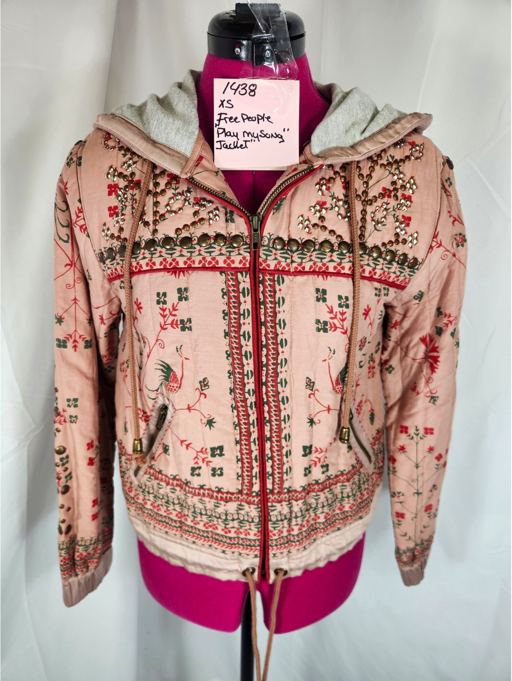 NWOT Free People Play My Song Quilted Embroidered Studded Hooded Jacket Pink